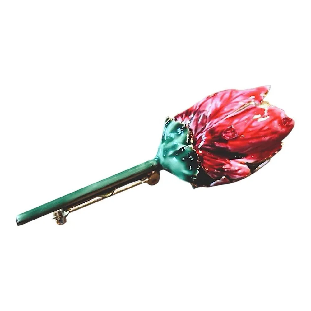 VTG Sandor Brooch Pink Enamel Flower Tulip Peony Gold Tone Mid Century Signed